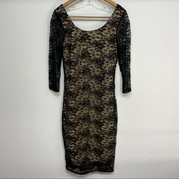 AUW Black Scoop Neck Bodycon Lace Dress Size Large - Picture 1 of 8